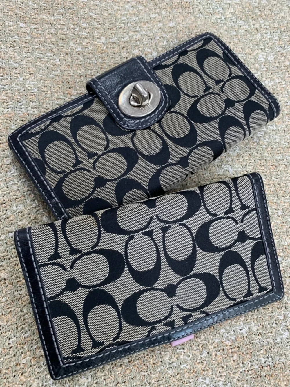 Coach Black and Tan Signature Turnlock Wallet